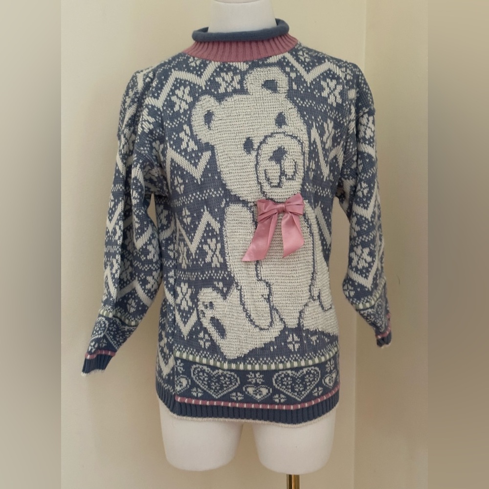 HEARTWORKS  Blue White Pink Bow Bear Sweater Snow Flakes & Zig Zag Lines .Sz 14.